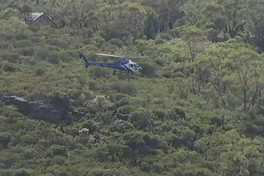 A police helicopter hovers over dense bushland with a couple of houses in the background.