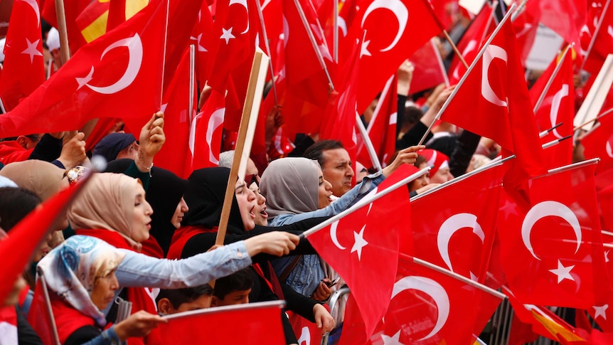Protesters wave Turkish flags during a pro-Turkey rally in Cologne, Germany.