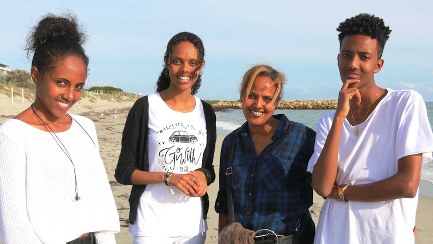 (L to r) Leila, Sara, Freweini and Sami Shengeb at South Beach in Fremantle, refugees from Eritrea