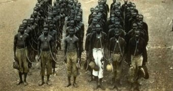 Prisoners in neck chains, Wyndham, WA (1898-1906). The population of Rottnest Island soared as more of WA was colonised.