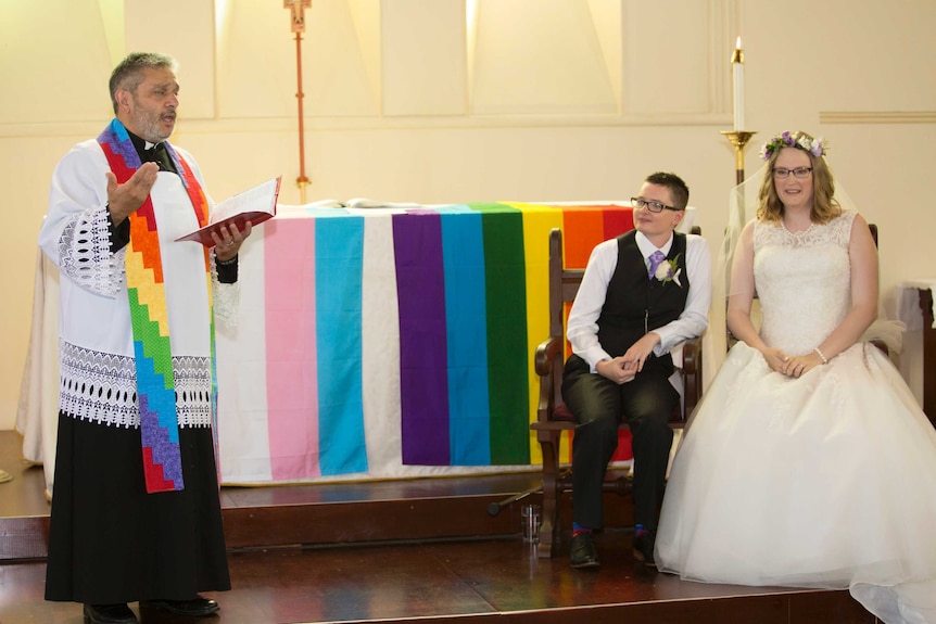 Father Peter Manuel with Suzie (l) and Samantha Day-Davies 7 October 2016