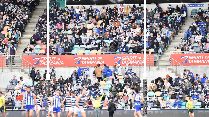 Fans are in focus, with North Melbourne and Geelong players blurry in the foreground during an AFL game in Hobart.