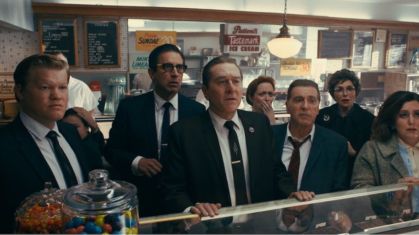 Actors Jesse Plemons, Ray Romano, Robert De Niro, Al Pacino, Kelley Rae O'Donnell in the film The Irishman
