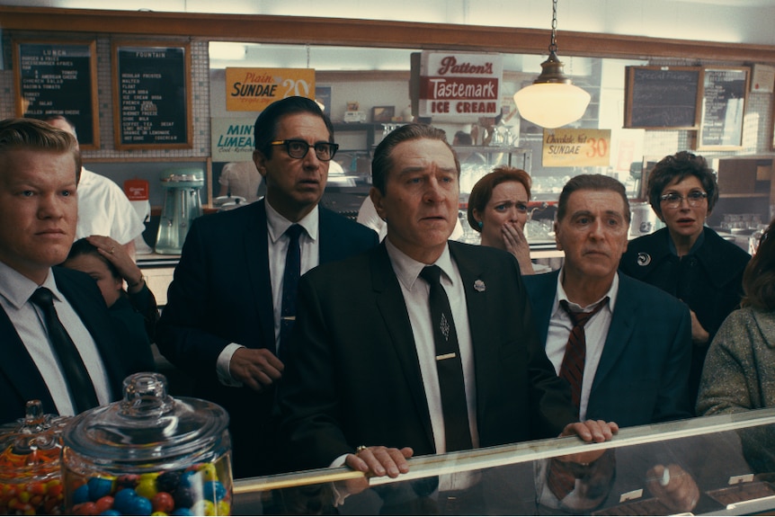 Actors Jesse Plemons, Ray Romano, Robert De Niro, Al Pacino, Kelley Rae O'Donnell in the film The Irishman