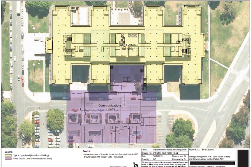 A site map showing the John Gorton Building and the Communications Centre in Parkes.