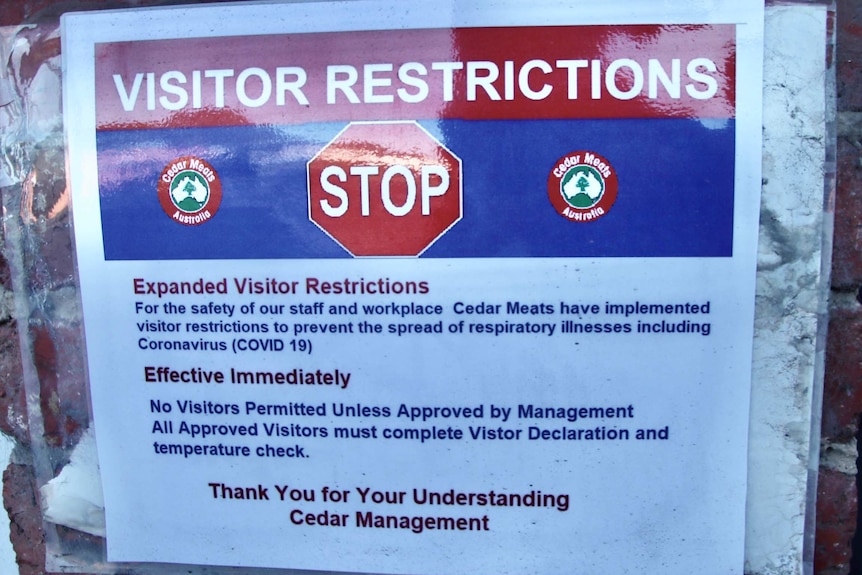 A sign outlines visitor restrictions at Cedar Meats.