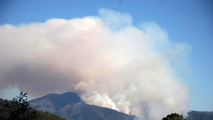 Smoke rises from an out-of-control bushfire near Harrietville