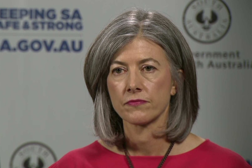 A woman with grey hair and a dark pink top.