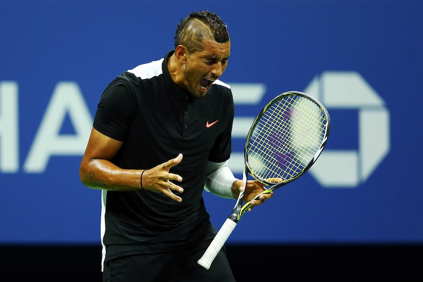 Nick Kyrgios reacts at the US Open