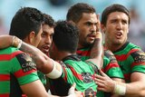Rabbitohs celebrate Alex Johnston's try against the Roosters