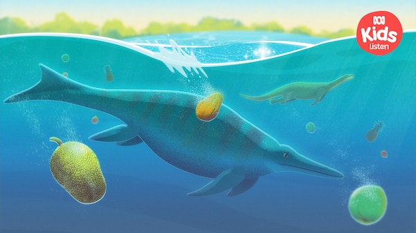 Illustration showing multiple dinosaurs swimming underwater among different fruits.