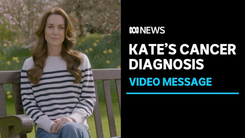 Kate's Cancer Diagnosis, Video Message: Kate Middleton sits on garden bench outside with white striped jumper on.