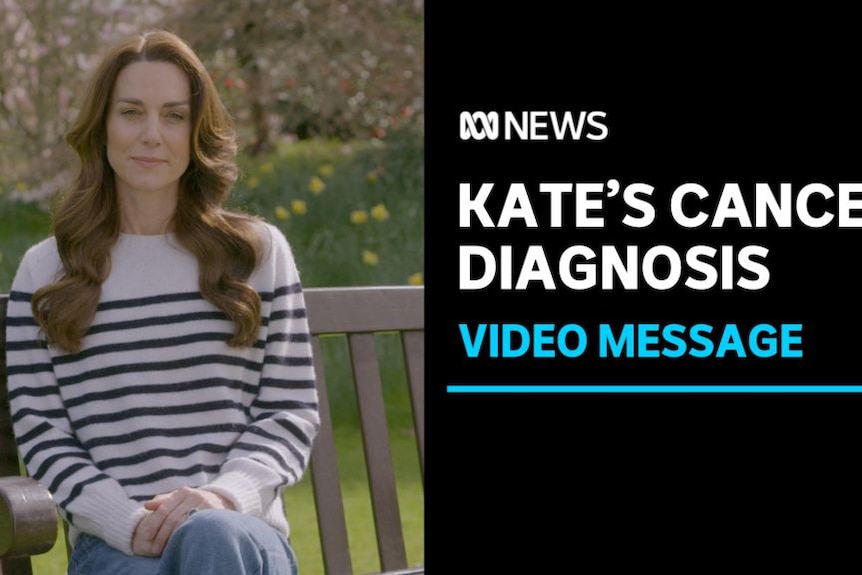 Kate's Cancer Diagnosis, Video Message: Kate Middleton sits on garden bench outside with white striped jumper on.