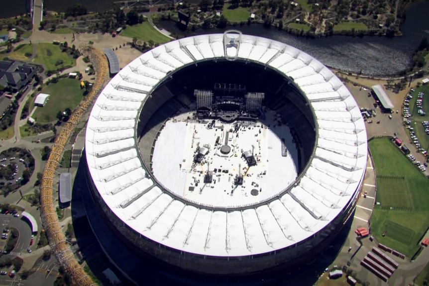 An aerial shot of a white stadium