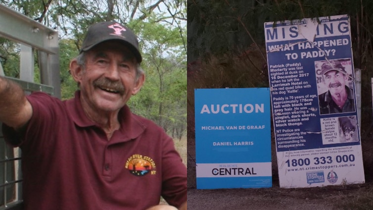 A composite of Paddy Moriarty and an auction sign out the front of his property.