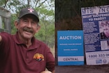A composite of Paddy Moriarty and an auction sign out the front of his property.