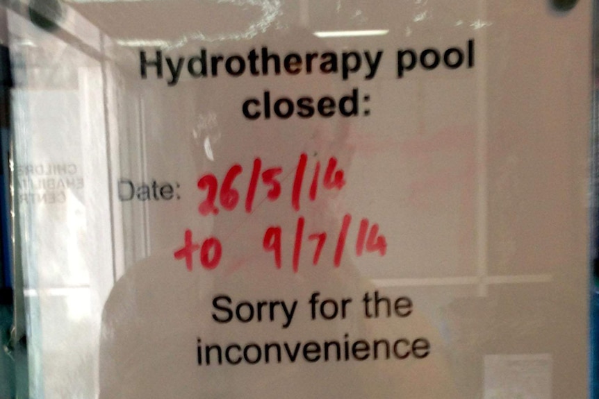 A sign on the door of the hydrotherapy pool at Princess Margaret Hospital.