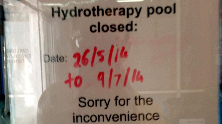 A sign on the door of the hydrotherapy pool at Princess Margaret Hospital.