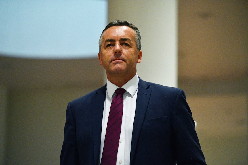 Darren Chester looks straight ahead in a mid-shot image. He wears a navy suit with a burgundy tie and has a neutral expression.