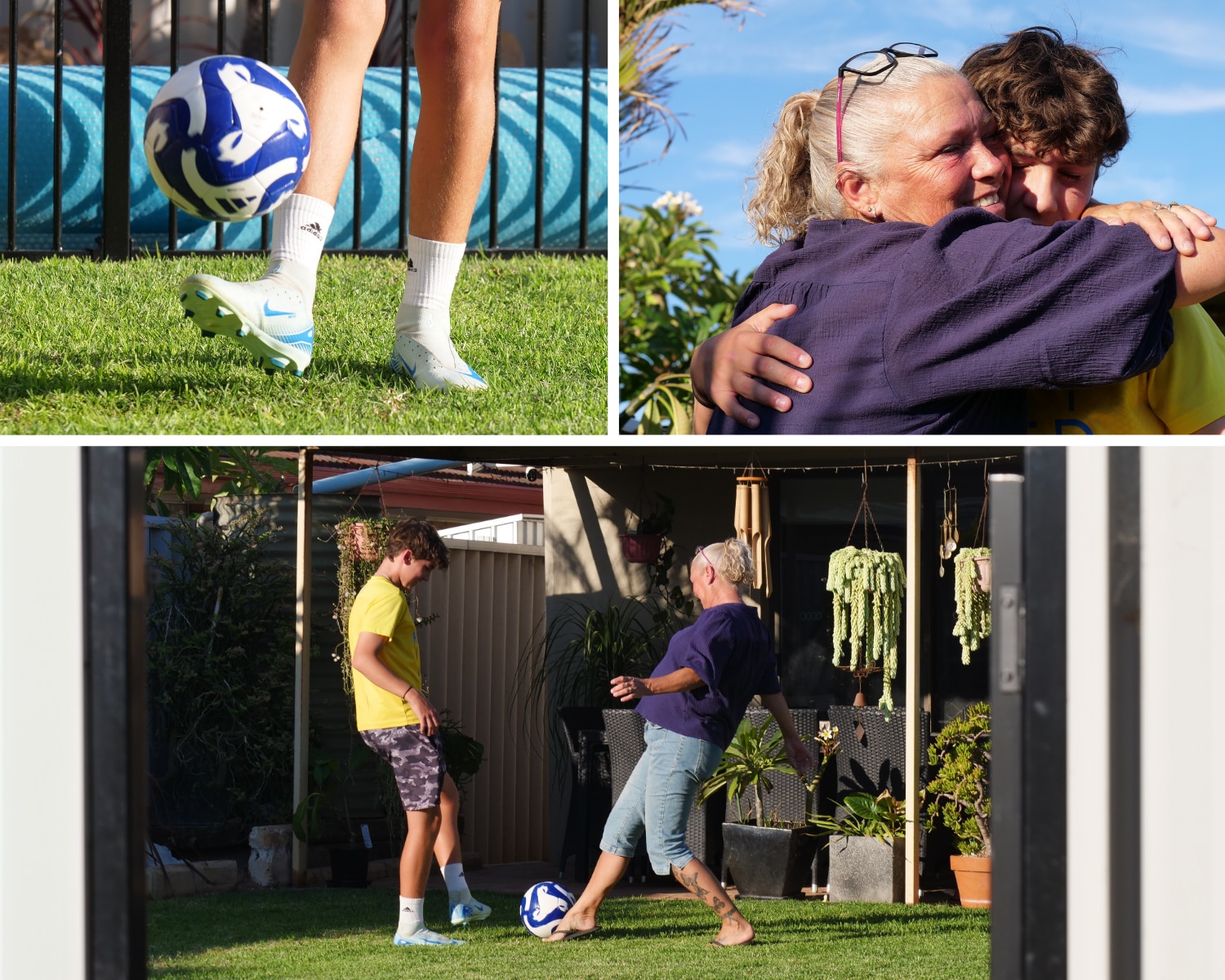 A composite: a close up of a kicked soccer ball . A woman and teenage boy hugging. A woman and teenage boy kicking a soccer ball