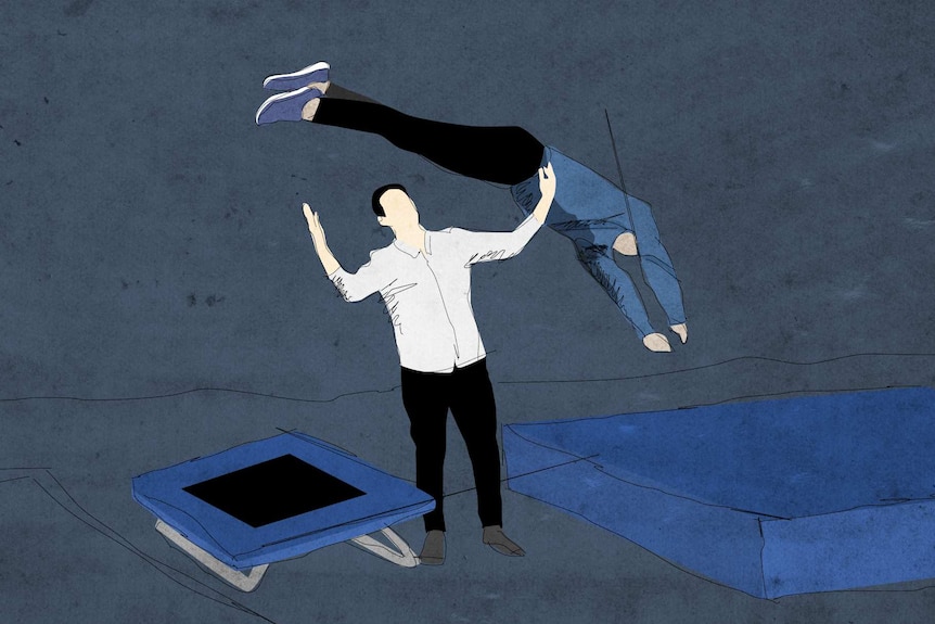 An illustration of a man performing gymnastics and jumping off a mini tramp