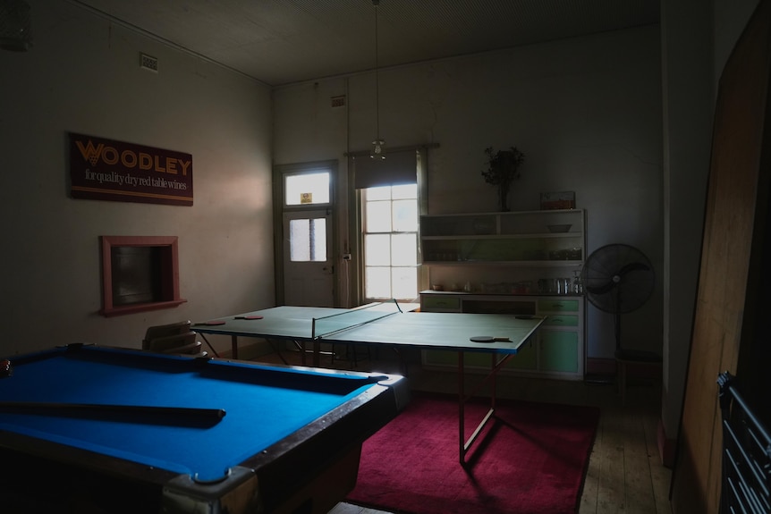 A dimly lit room with a blue pool table and a green ping pong table.  