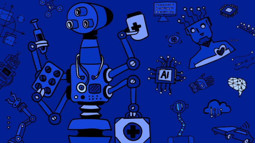 Various artificial intelligence and robotics related icons. A pretend health themed robot is the most prominent.