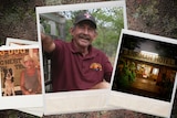 A composite image of three polaroid images. One shows a man with a dog, one shows a smiling man, and one is a pub.