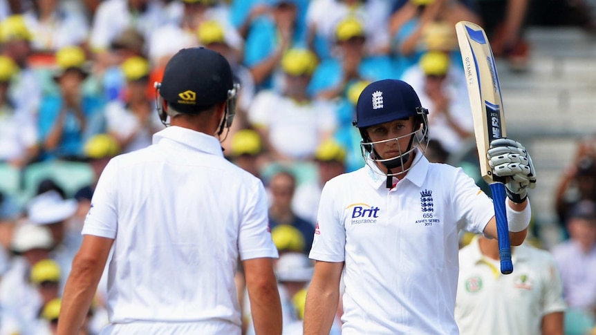 Joe Root acknowledges his half-century during day three of the fifth Ashes Test between at The Oval.