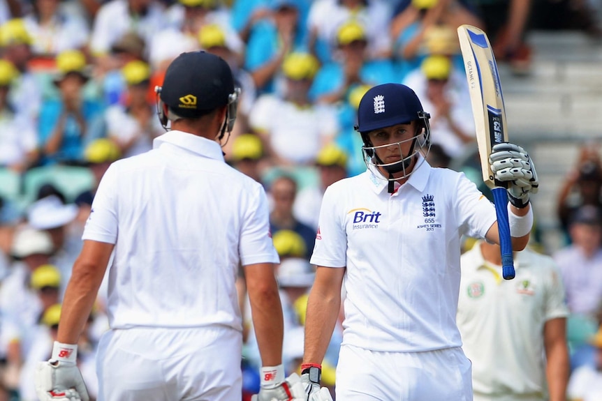 Joe Root acknowledges his half-century during day three of the fifth Ashes Test between at The Oval.