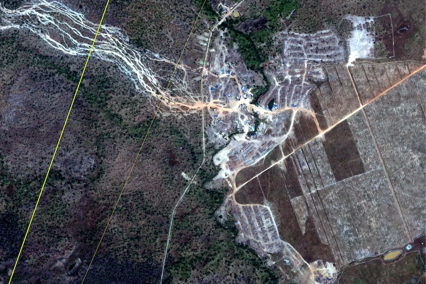 Satellite image of log depot in north eastern Cambodia in March, 2017.