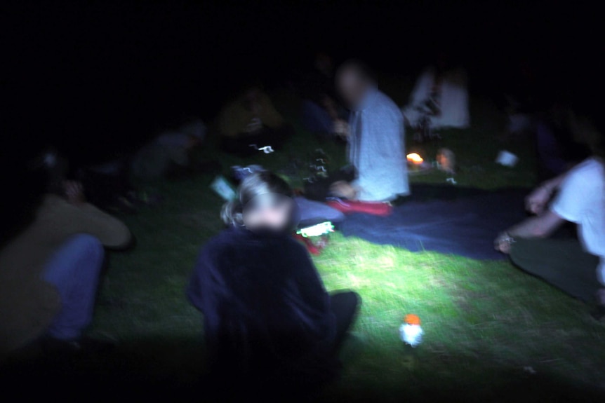 A blurry photo of people sitting on grass in near pitch-black darkness.