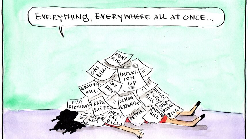 A cartoon of a woman lying under a pile of bills and expenses.