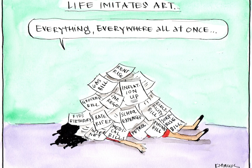 A cartoon of a woman lying under a pile of bills and expenses.