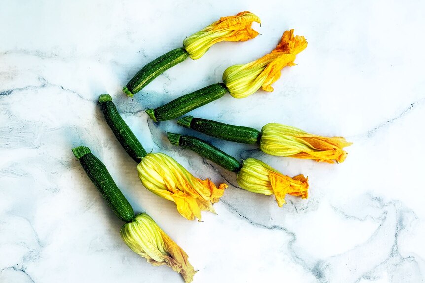 A handful of yellow and green flowers lie on a kitchen bench.
