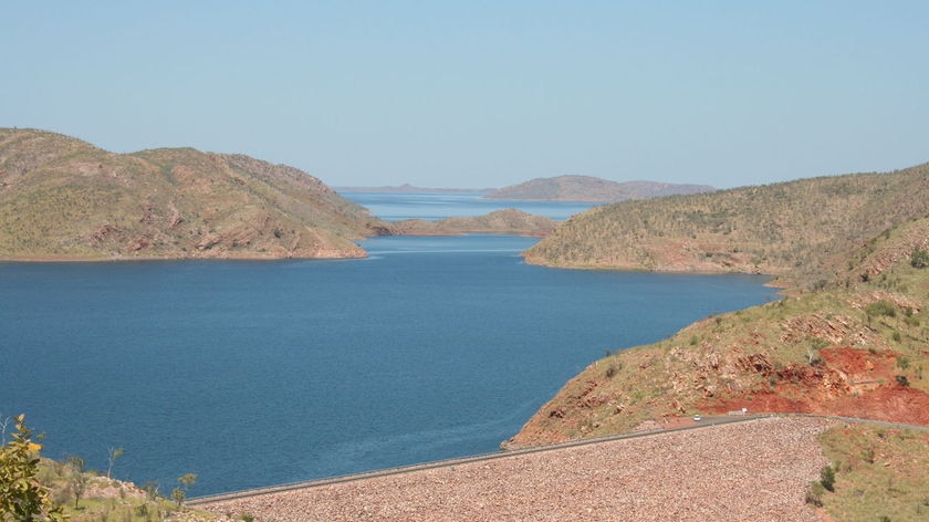 The wall of the Argyle Dam on the Ord River in Western Australia.