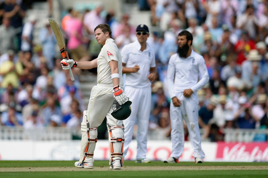 Australia's Steve Smith celebrates a century on day two at The Oval.