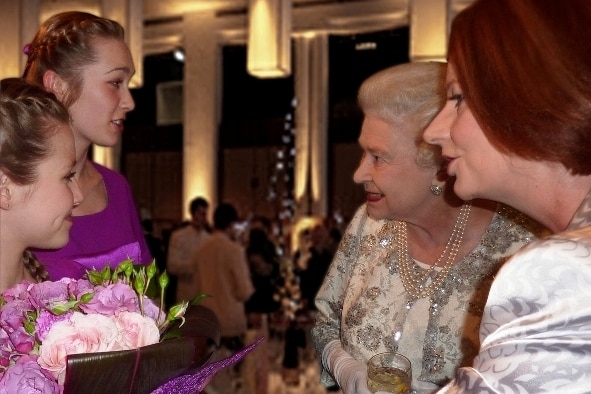 A photo of Charli Moore meeting Queen Elizabeth II and Julia Gillard after performing in the Australia Girls Choir