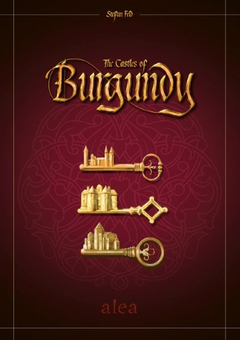 The box for board game The Castles of Burgundy, red background and three ornate gold keys