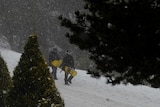 Snow falls on snowboarders at Falls Creek, north of Melbourne.