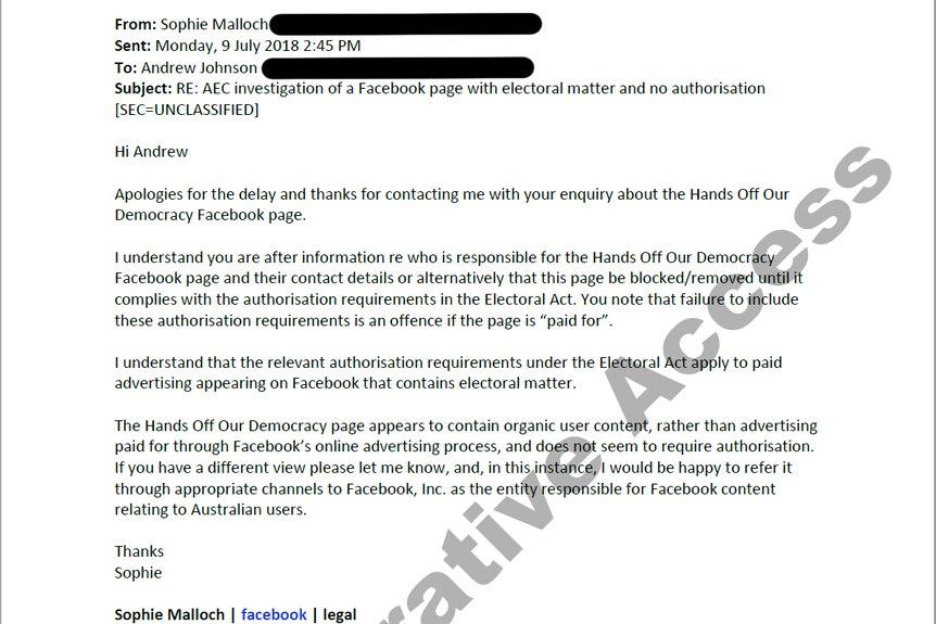 An email from legal counsel at Facebook to the AEC, with some details redacted.