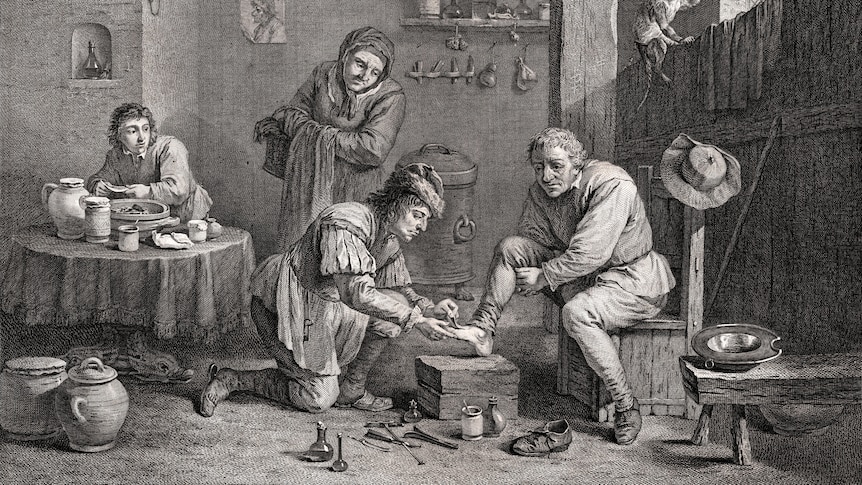 A historical illustration shows a doctor applying leeches to a man's foot.