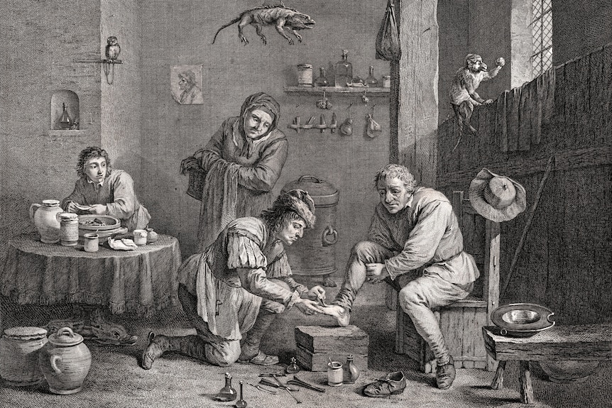 A historical illustration shows a doctor applying leeches to a man's foot.