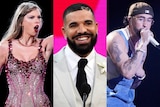 A composite of three pictures. One is a photo of Taylor Swift. The second one is Drake in a suit. The third is Bad Bunny.