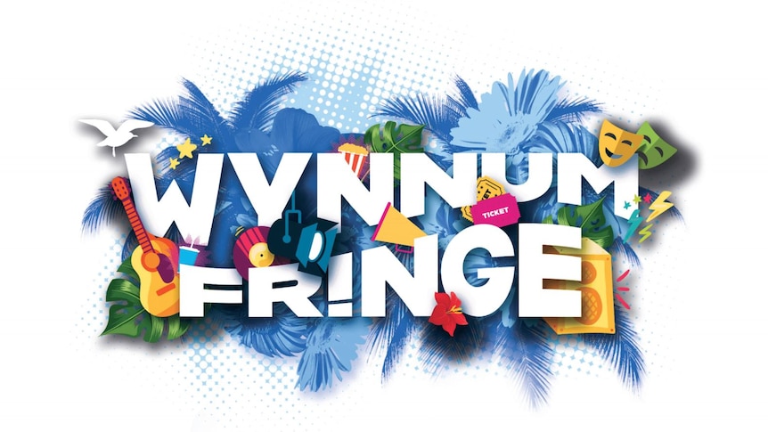 Wynnum Fringe colourful logo featuring guitars, masks, leaves and birds