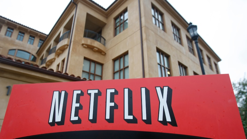 The company logo and view of Netflix headquarters 