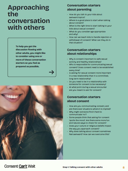 A government booklet with information about consent and conversation starter prompts to use with other parents.