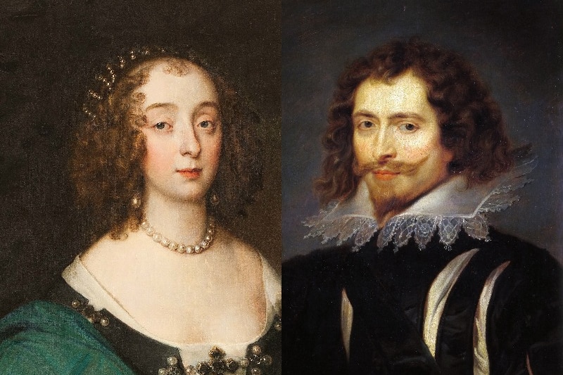 A composite image of two portrait, one of Mary in a pearl necklace and one of George wearing a huge frilly collar.