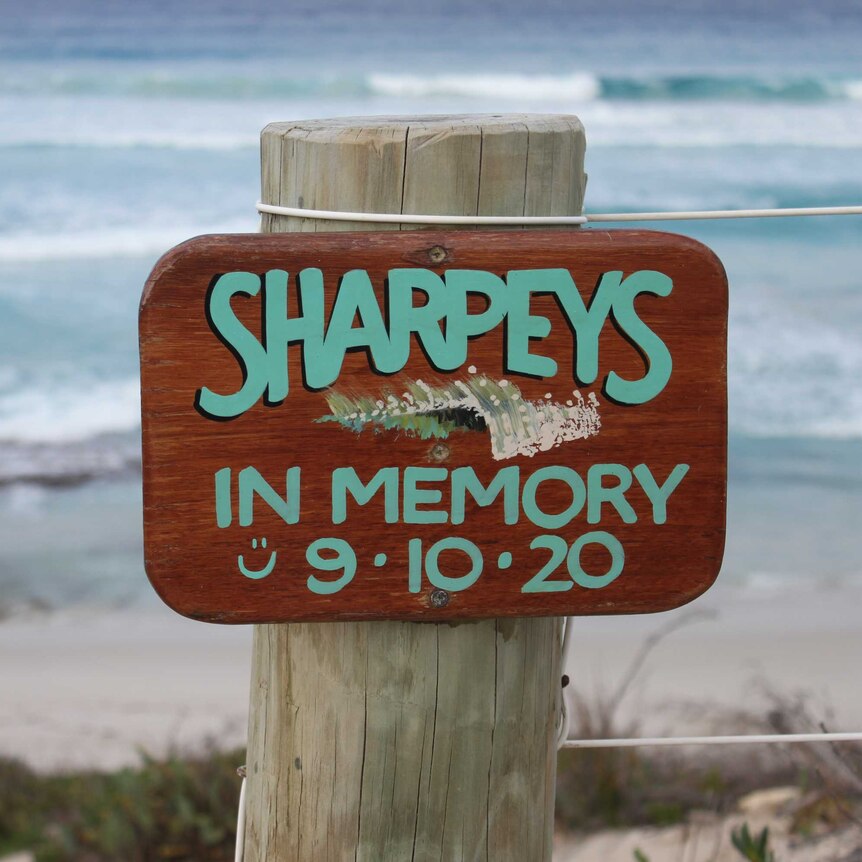 A hand painted timber sign saying Sharpeys in memory 9.10.20 on a beach