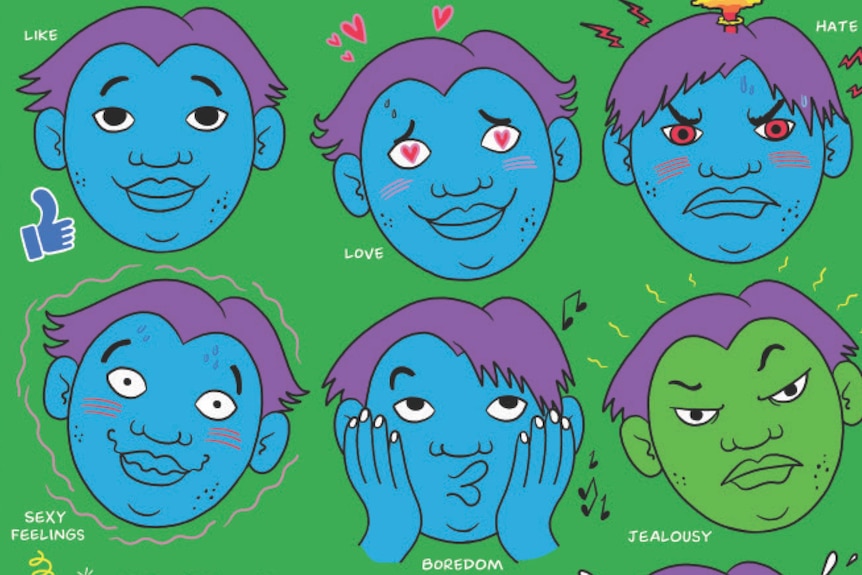 Colourful cartoon image of the same young person's face repeated multiple times expressing different emotions.
